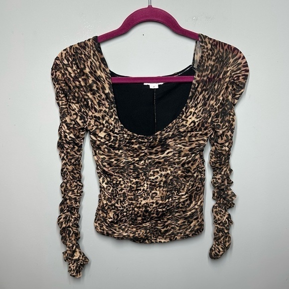 Good American Mesh Ruched Top Long Sleeve Leopard Print - Picture 2 of 5